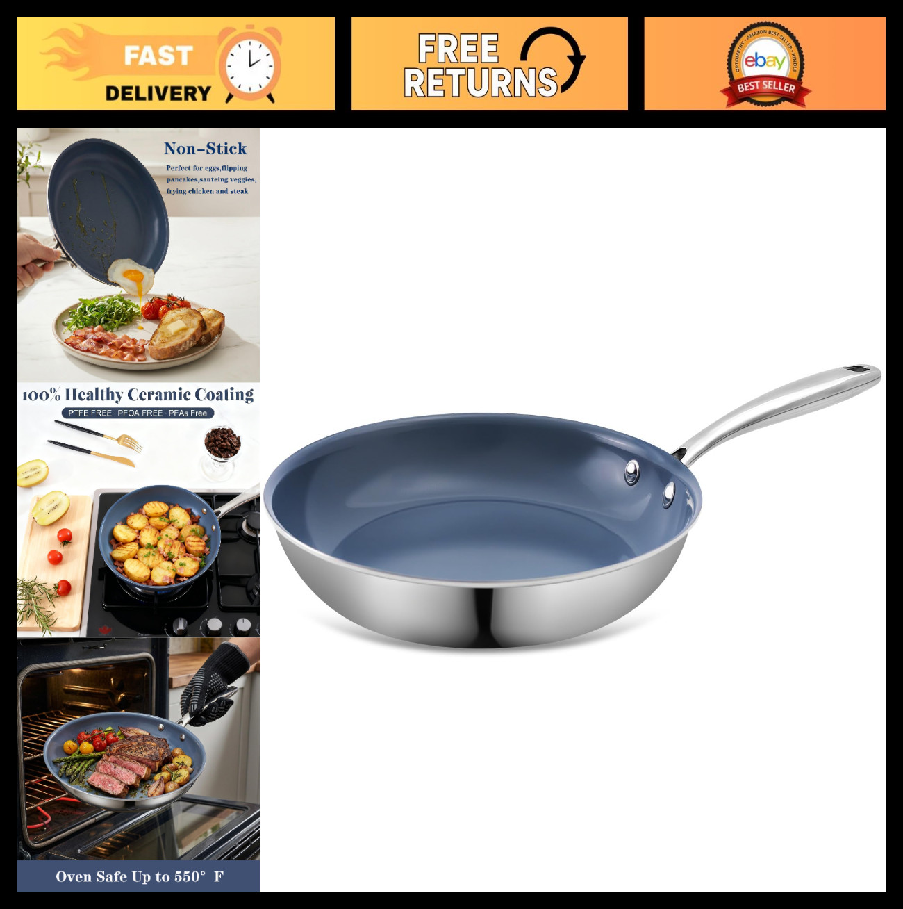 8″ Nonstick Stainless Steel Frying Pan – Healthy Ceramic Coating, Induction & Ga