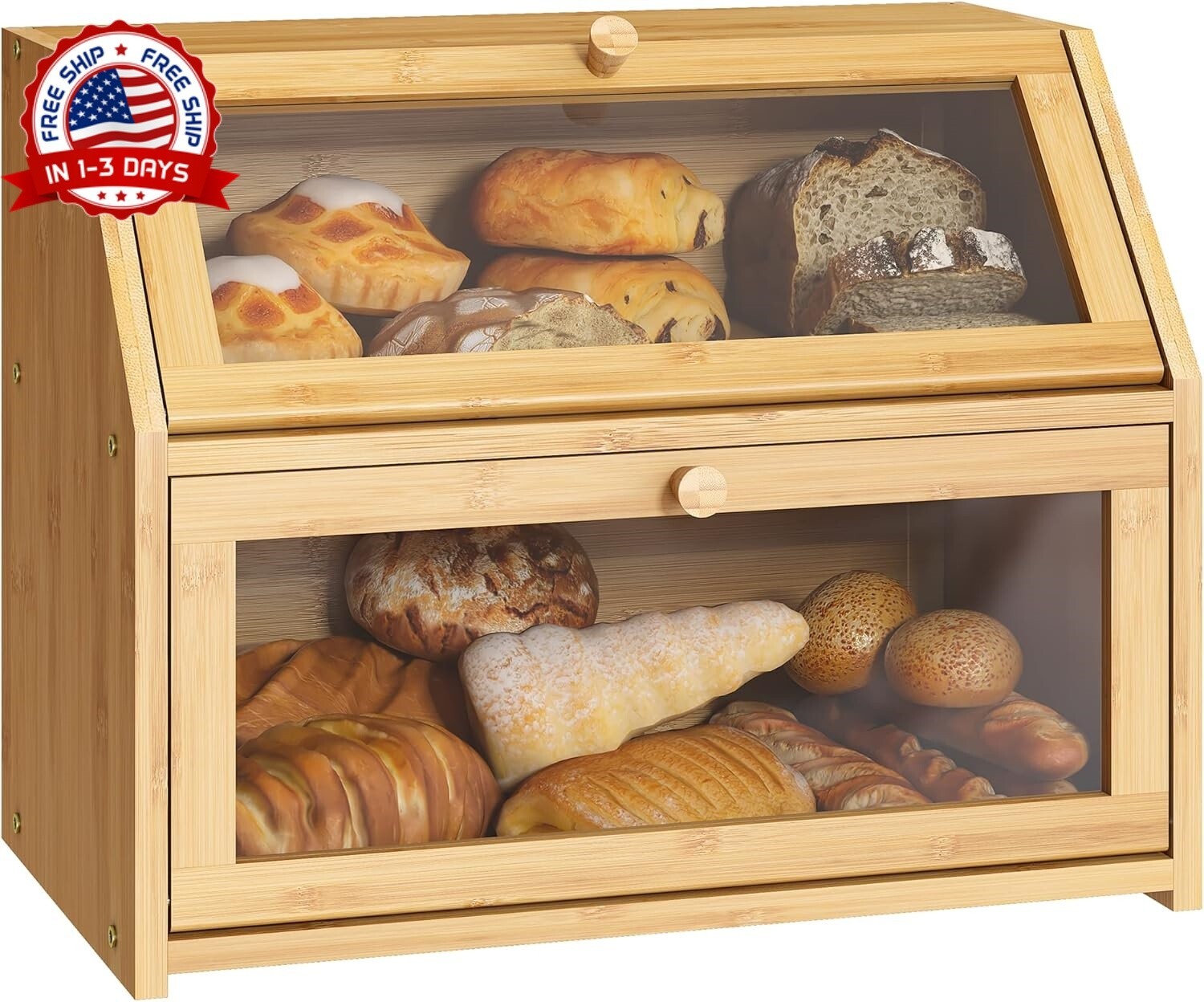Caja de pan de madera para almacenamiento de pan para encimera de cocina US NEW