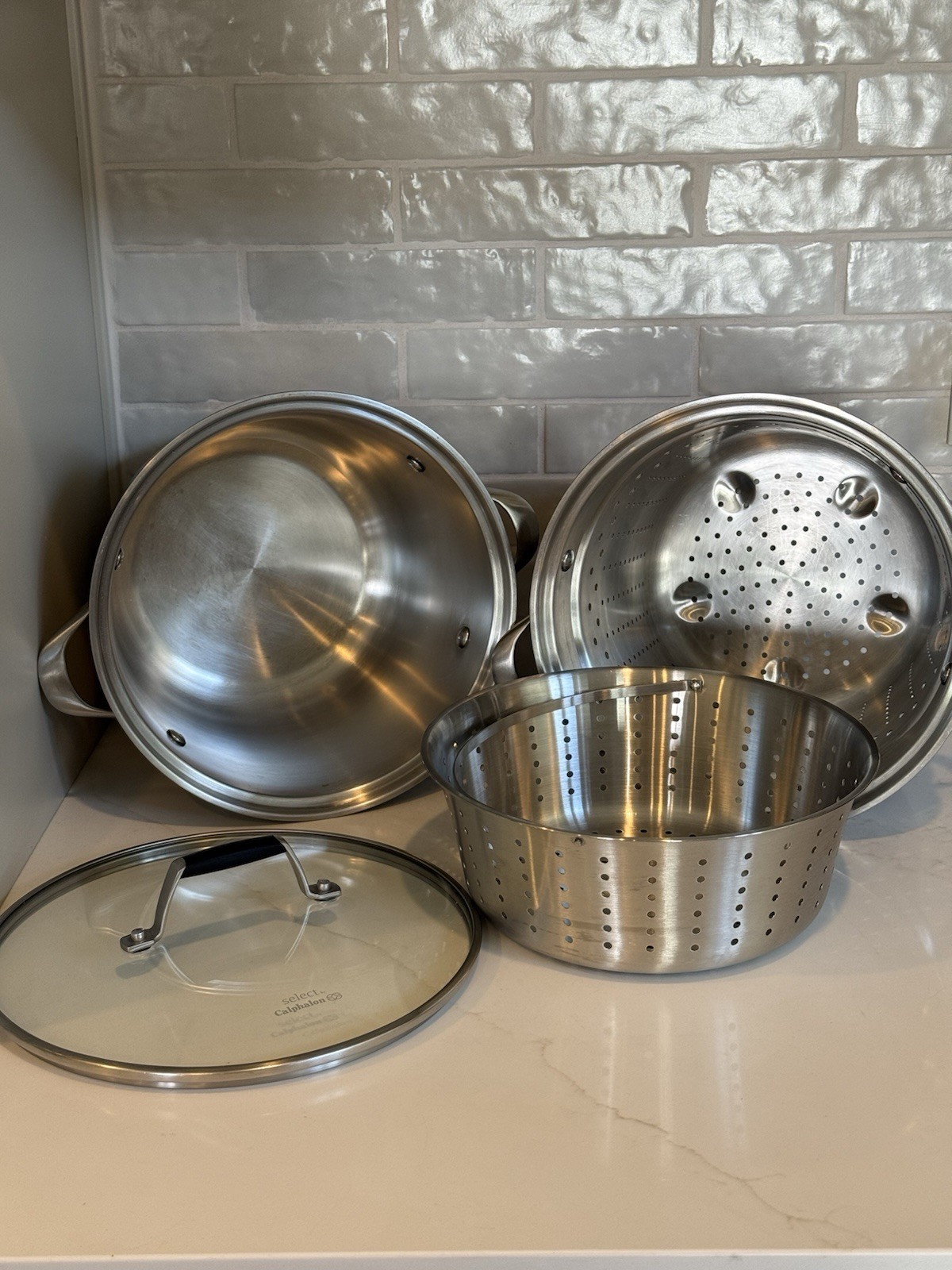 Calphalon 8 Qt Stainless Steel Stock Pot Steamer Strainer Insert Lid 4 Pc