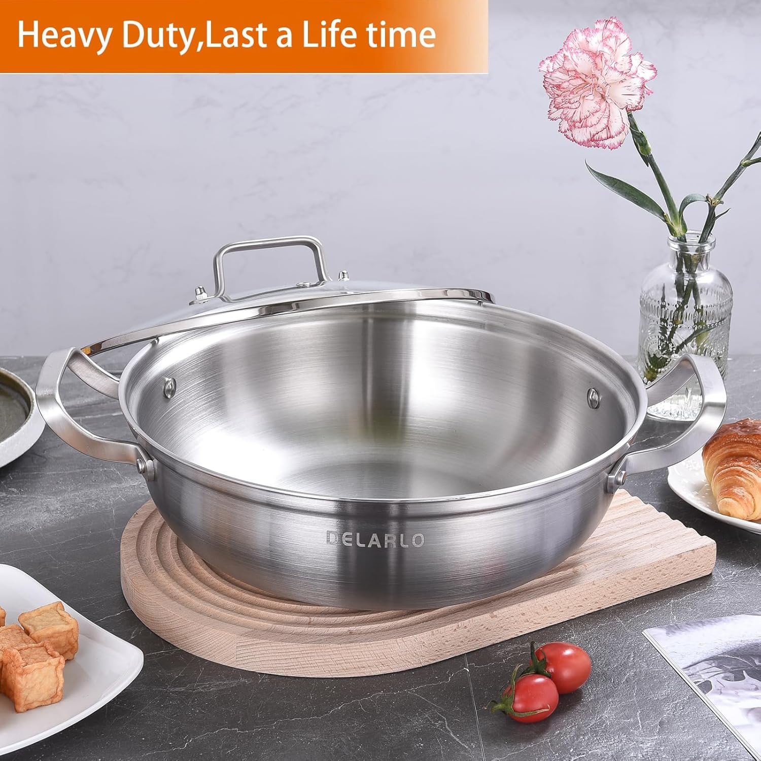 Sarten 11 pulgadas 3 capas acero de inoxidable 35QT con tapa apta induccion