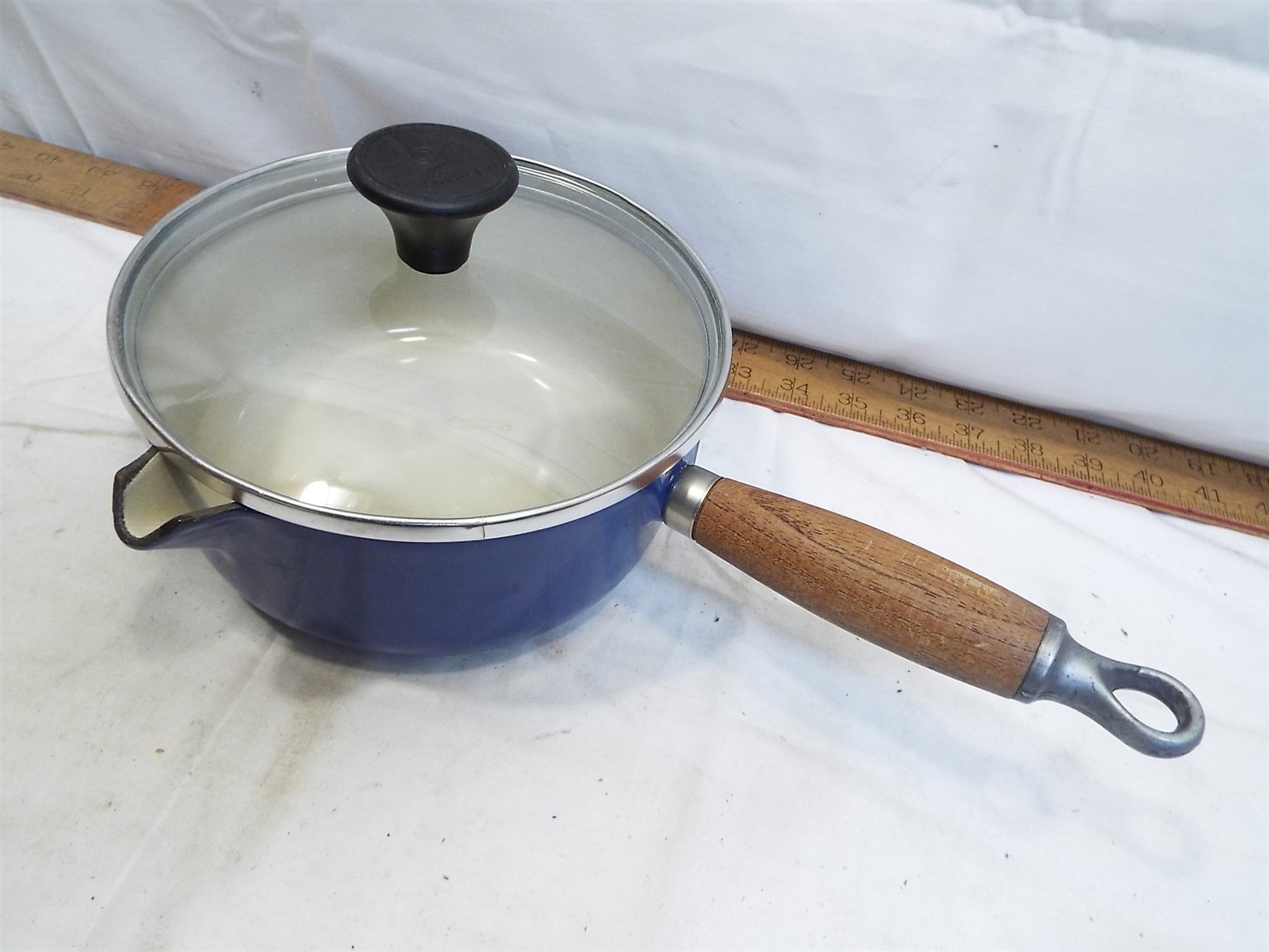 Le Creuset #18 Blue Enamel on Cast Iron Sauce Pan Oven Wood Handle Glass Lid Pot