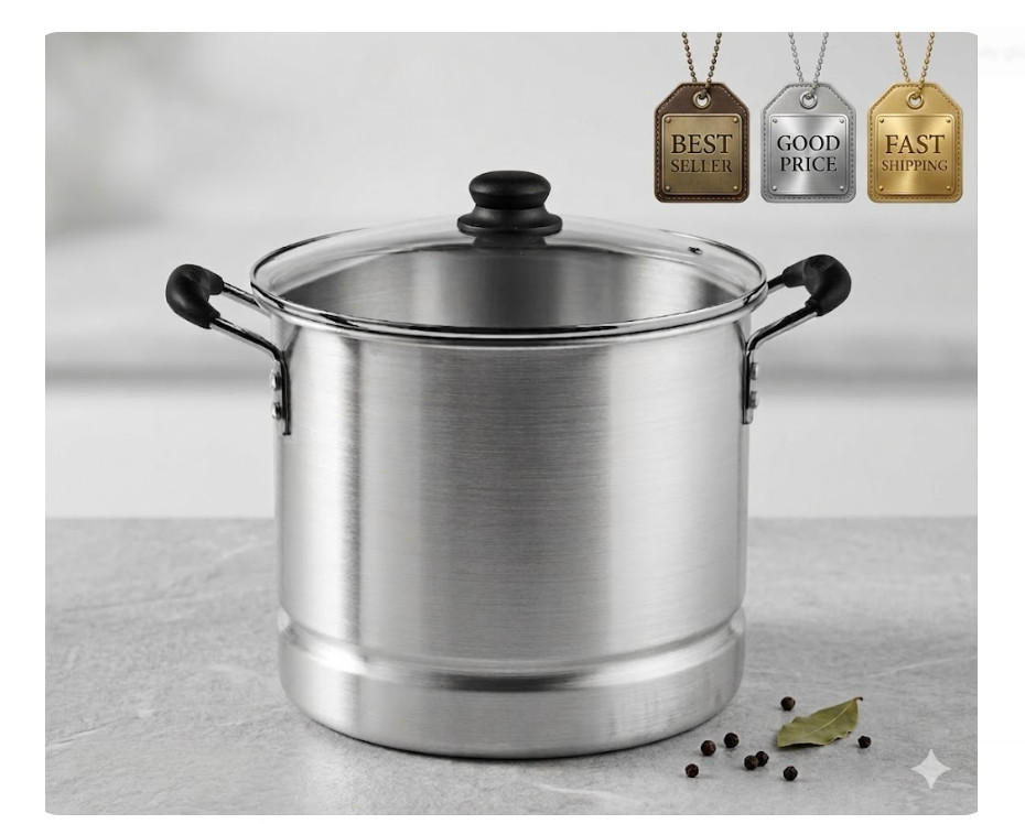 10Qt Aluminum Steamer Stock Pot w/ Glass Lid Removable Rack