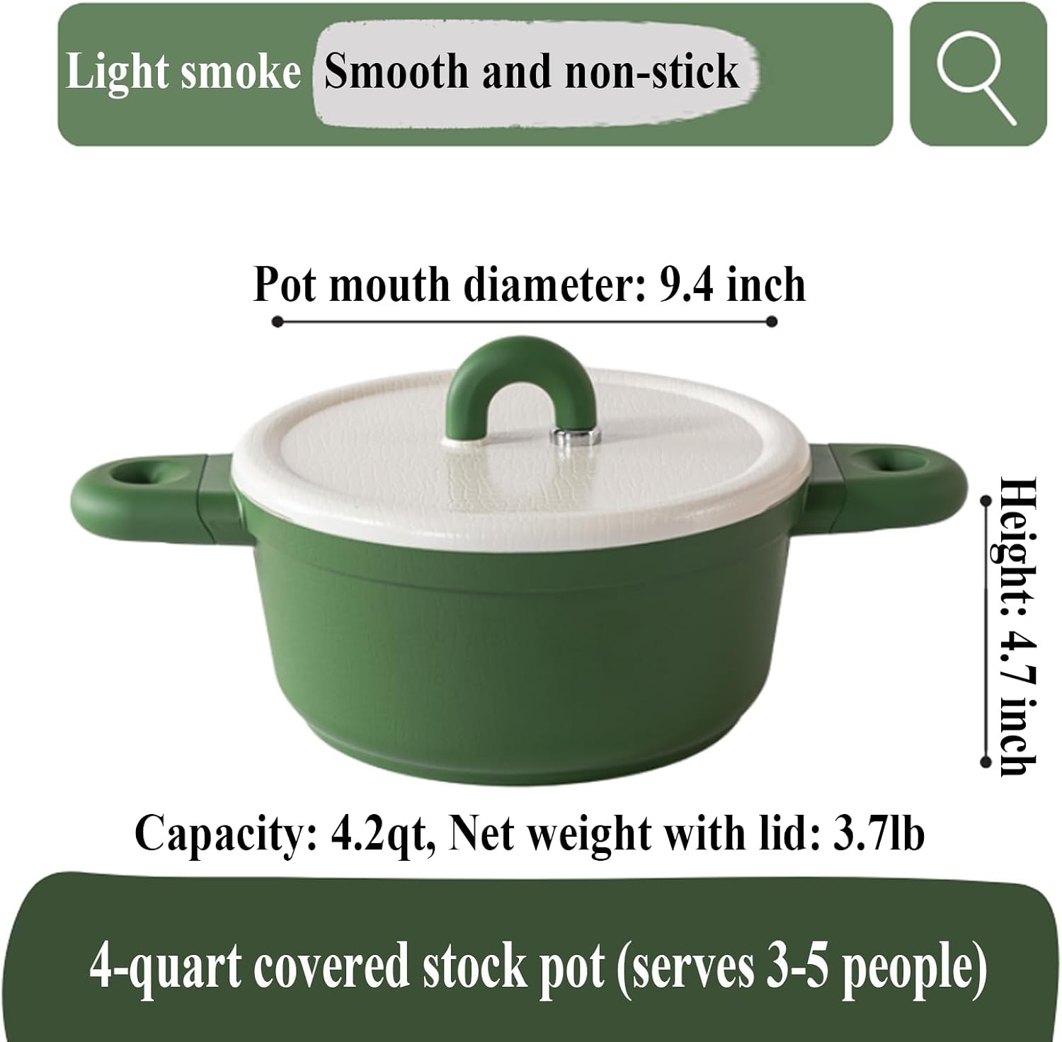 4QT Nonstick Stock Pot with Lid, Ceramic Casserole with Die-cast lid, Non-toxic