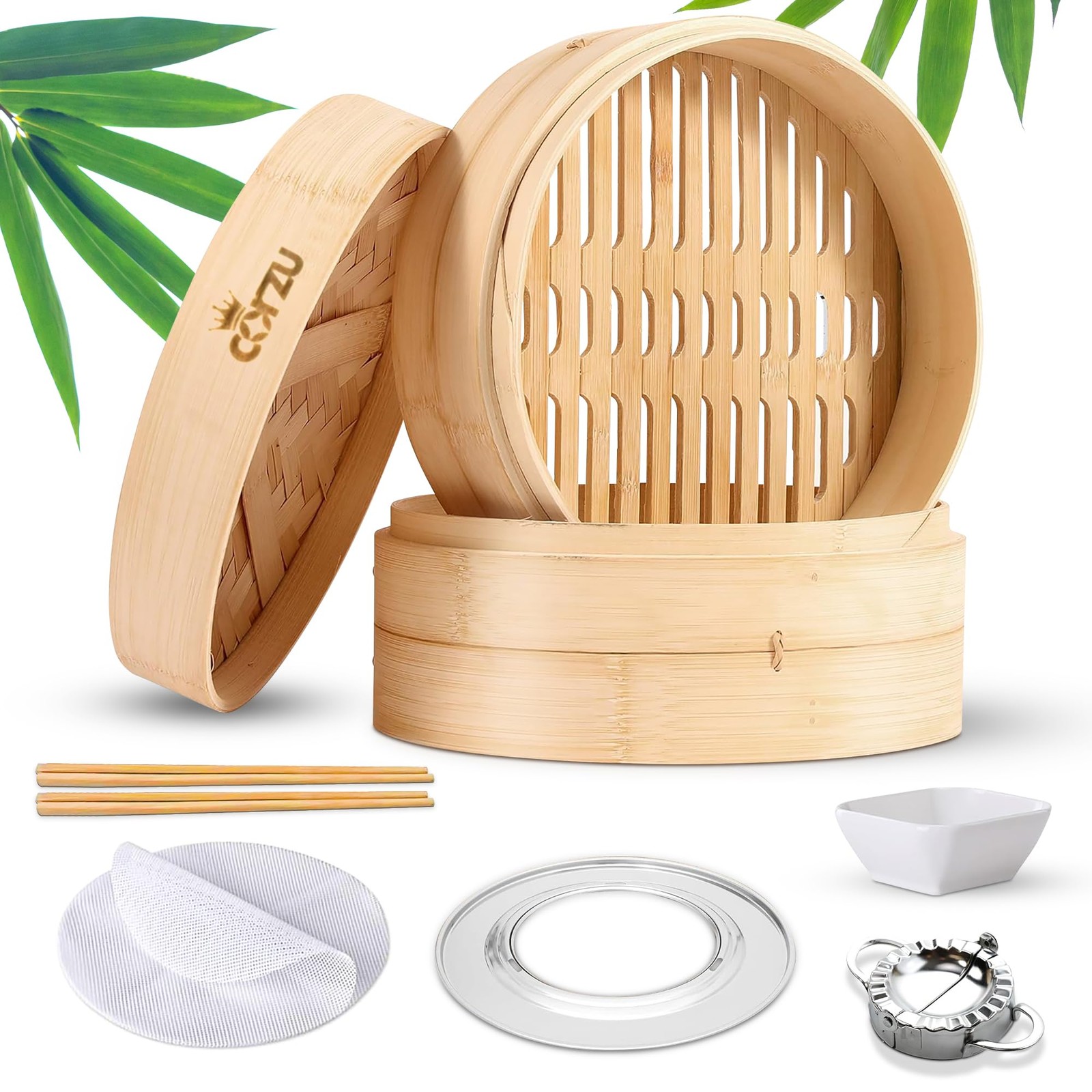 Steamer Basket for Dumplings, 2-Tier 10 Inch Chinese Asian Steam Basket Set w…