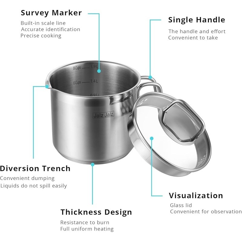 2 Quart Stainless Steel Saucepan W/ Glass Lid Strainer Cooking Pot Heavy Duty US