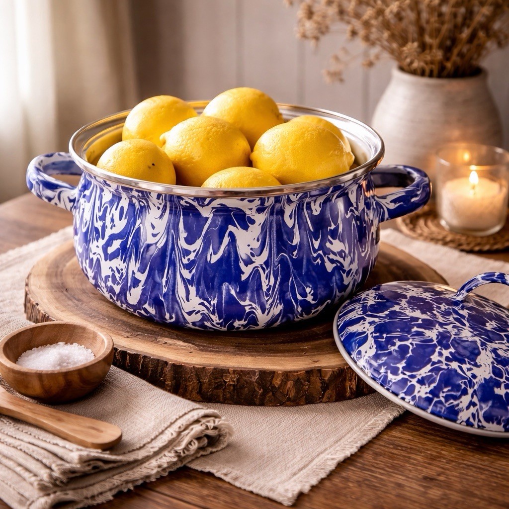 Blue White Enamel Casserole Pot with Lid, Double Handle, 9″ x 6″