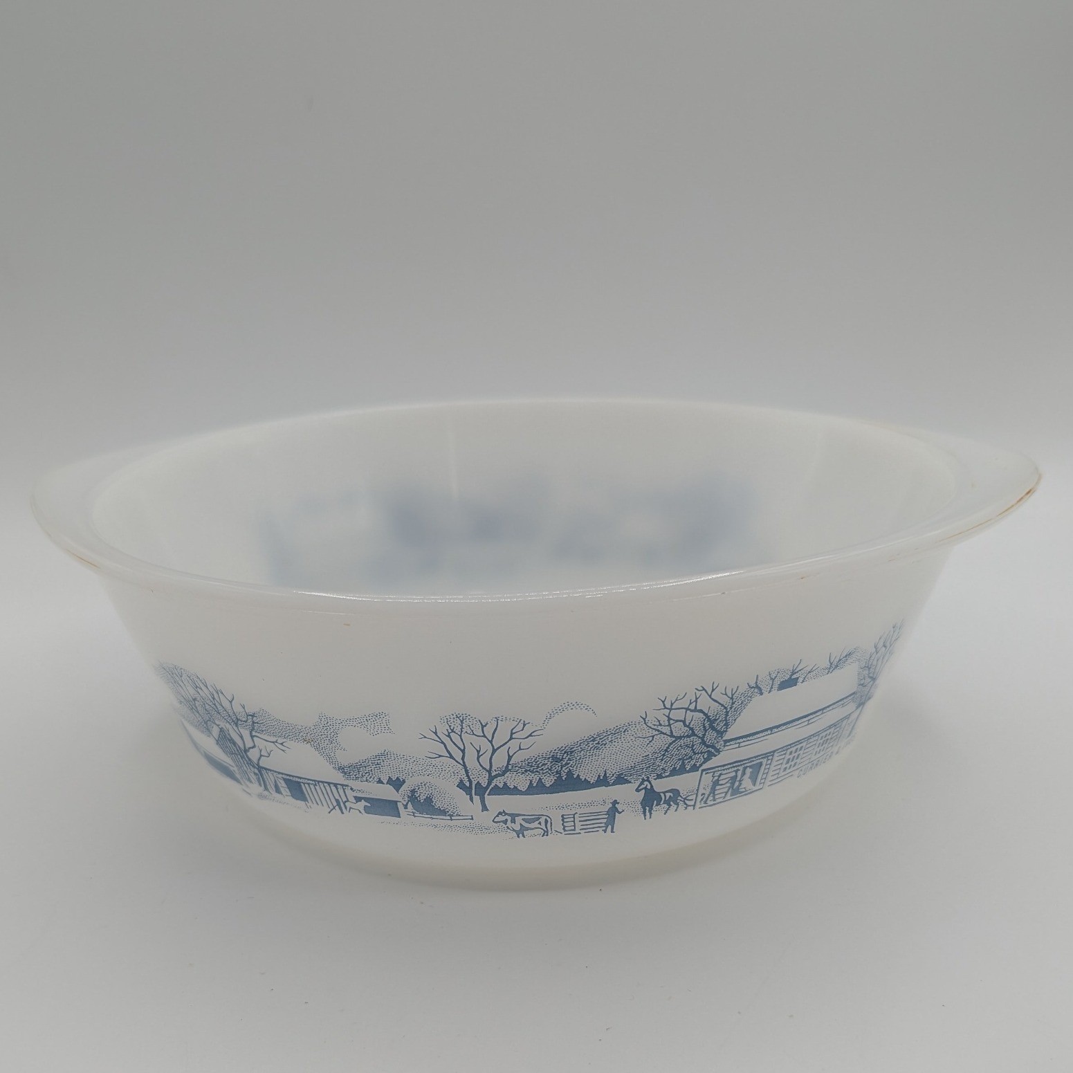 Glasbake Currier & Ives Blue Milk Glass Round Casserole Dish J-514 2 QT USA