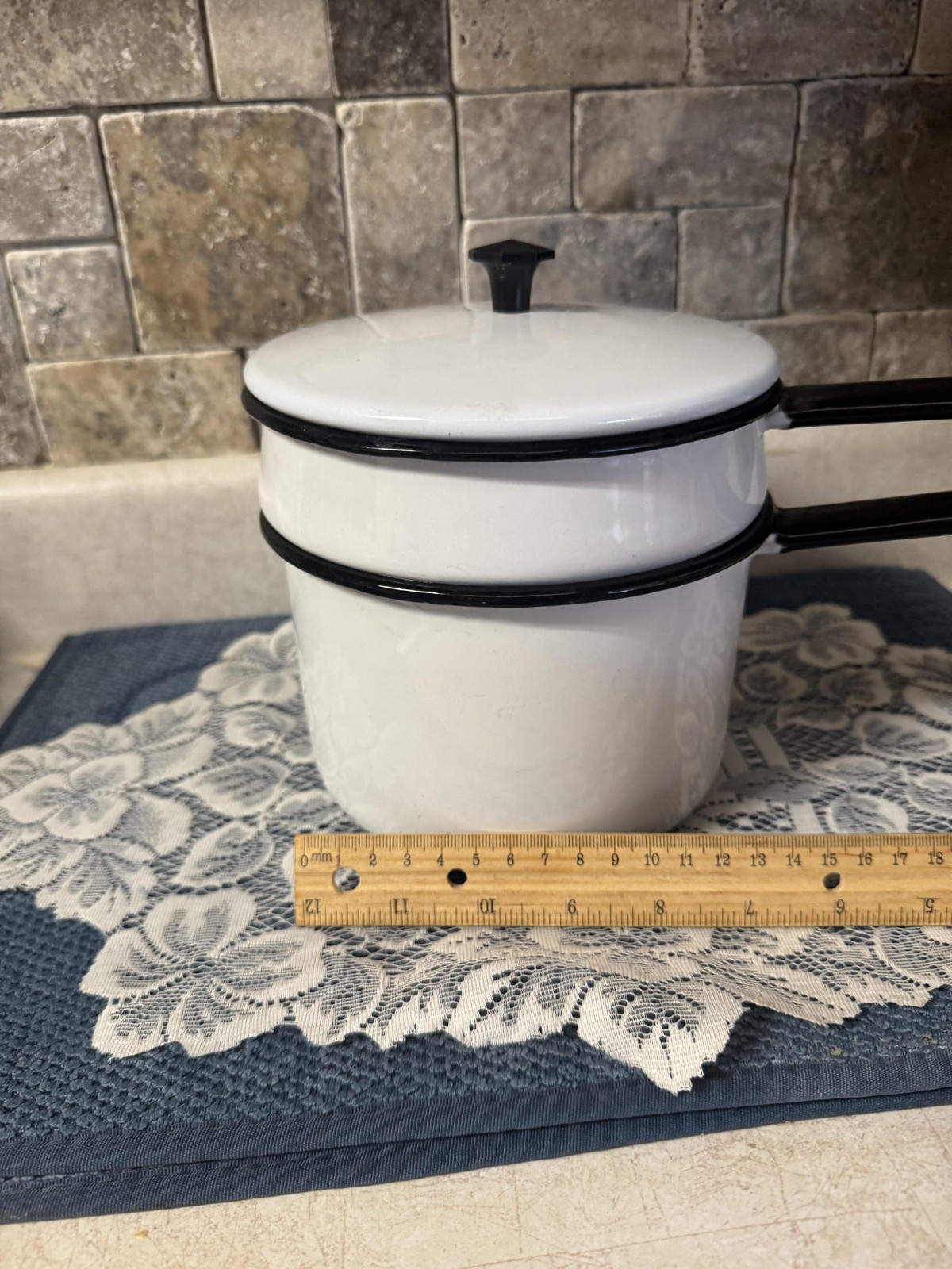 White Enamelware 2-Piece Saucepan Pot Set Lids Black Trim Liter Markings Kitchen