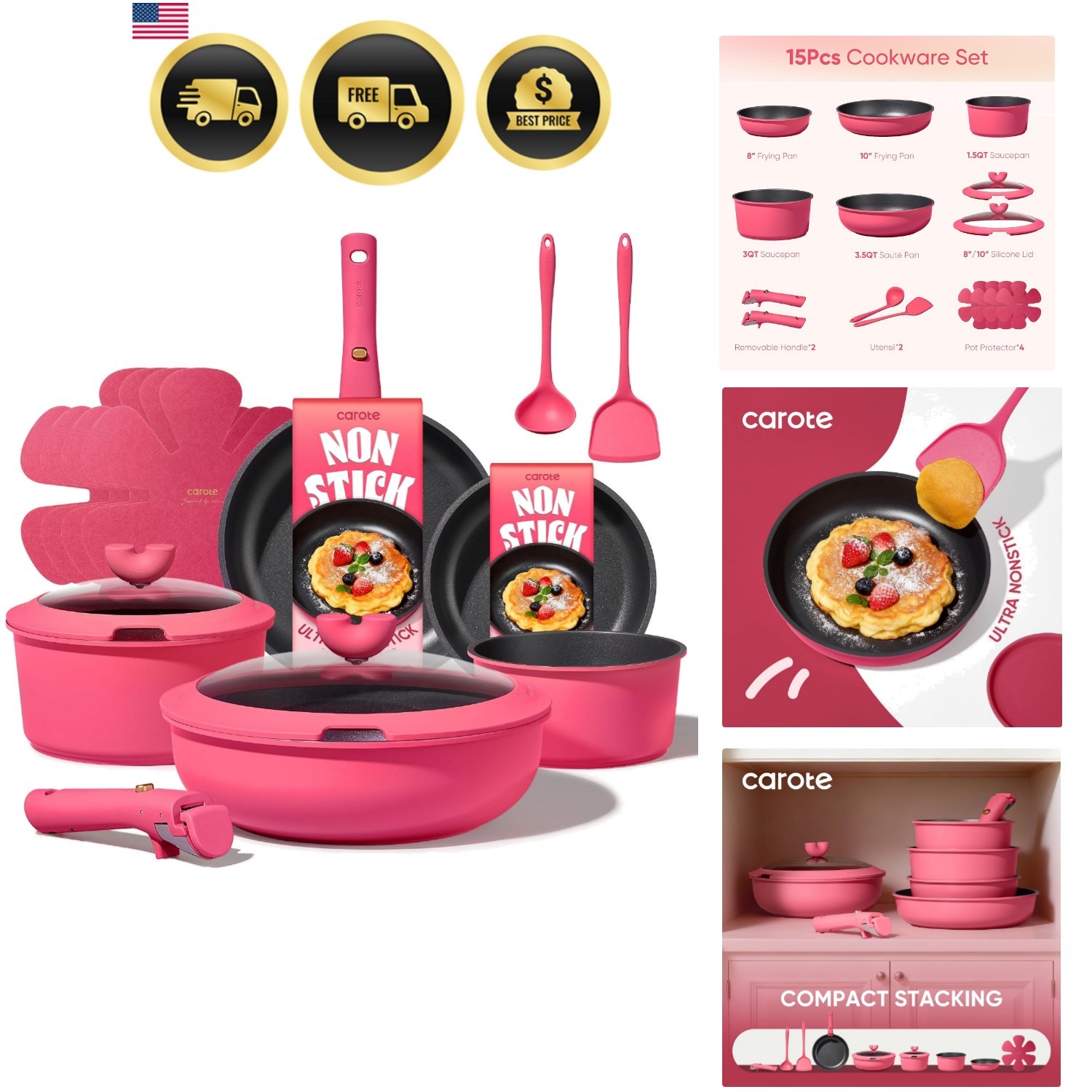 15pcs Pots and Pans Set Non Stick, Cookware Set Non Toxic with Detachable Han…
