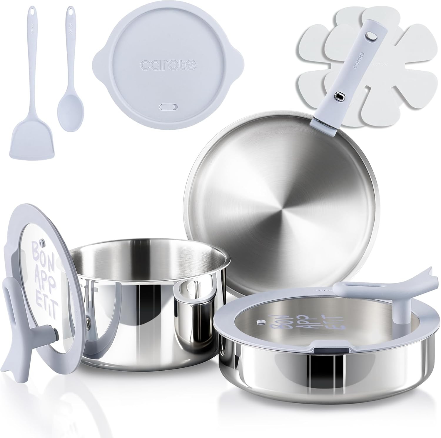 CAROTE Tri-Ply Stainless Steel Cookware Set with Stand-Up Lid, 11Pcs Pots and Pa
