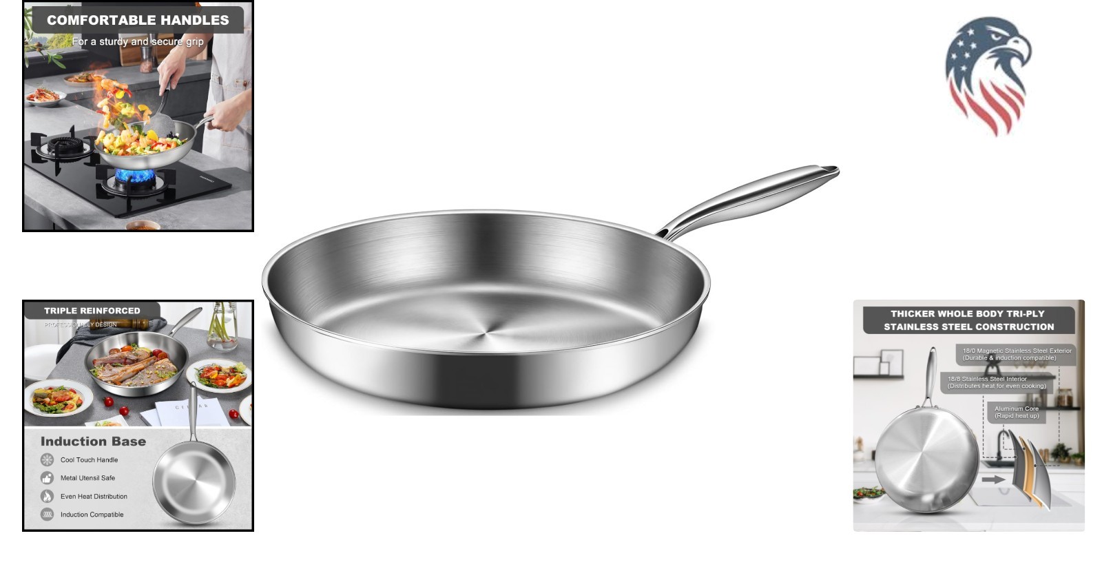 12 Inch Stainless Steel Frying Pan Compatible with All Cooktops Oven Safe Sau…