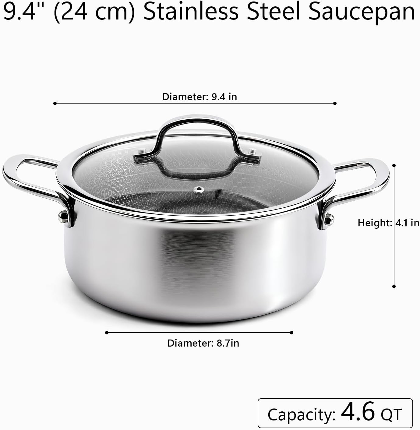 4.6 Qt Stainless Steel Stock Pot W/ Lid 3-Ply 18/10 Hybrid Honeycomb Nonstick