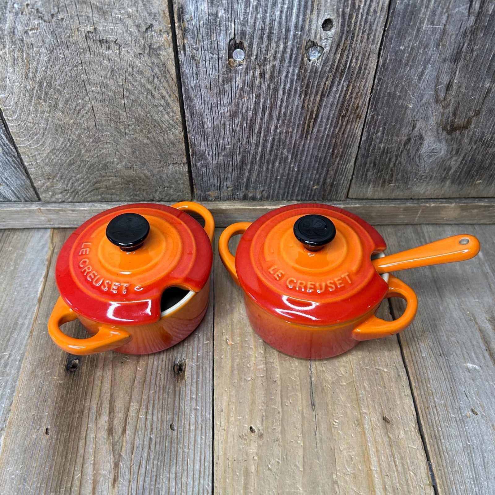 Le Creuset Flame Orange Stoneware Mini Cocotte Set of 2 with Lids and Spoon 22-3