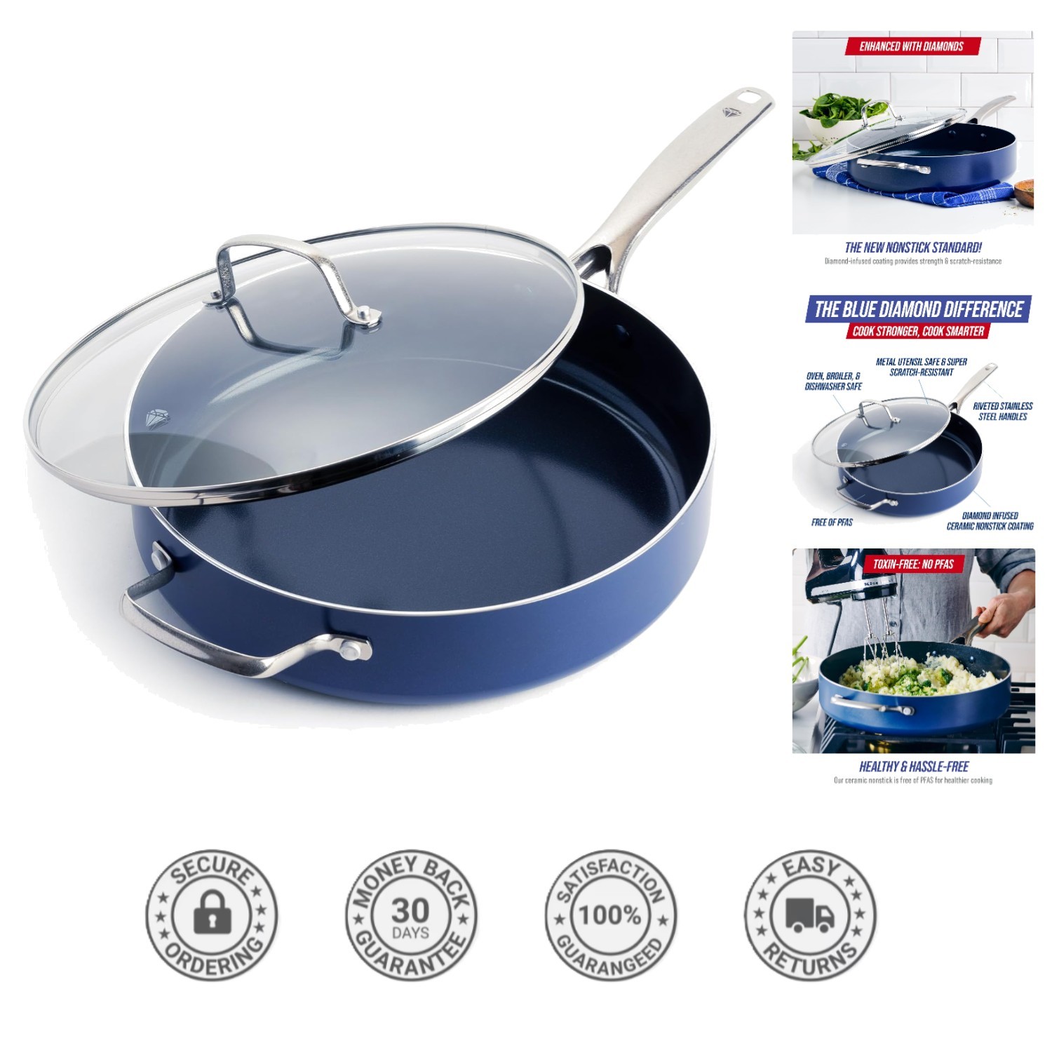 Diamond-Infused Nonstick 5QT Saute Pan with Ergonomic Handle – Dishwasher Safe