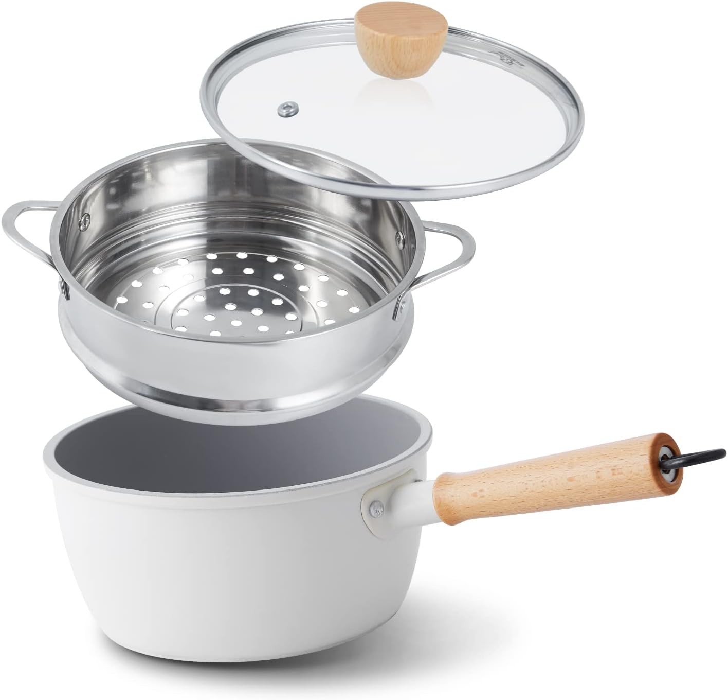 Ceramic Nonstick Sauce Pan 3 QT Pot W/ Steamer Non Toxic & PFAS-Free Wooden