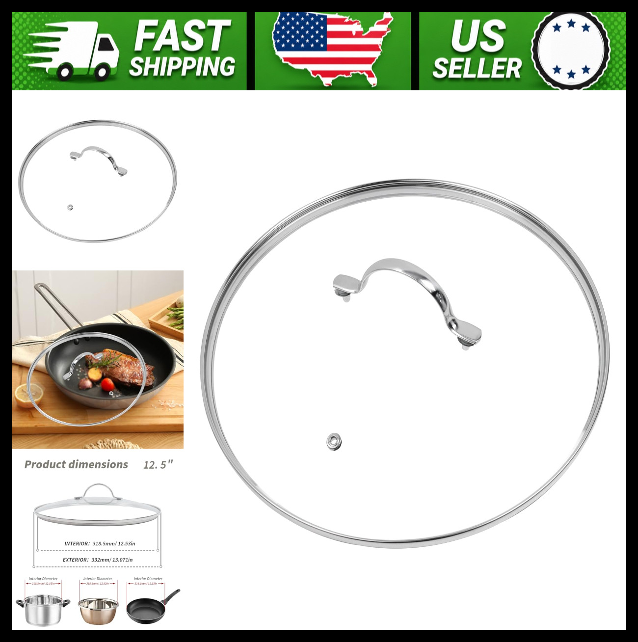 12.5″ Tempered Glass Pan Lid with Steam Vent, Oven Safe to 480F