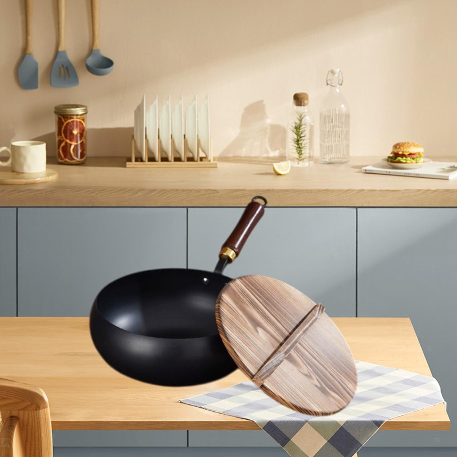 Nonstick Wok Chinese Wok with Wooden Lid