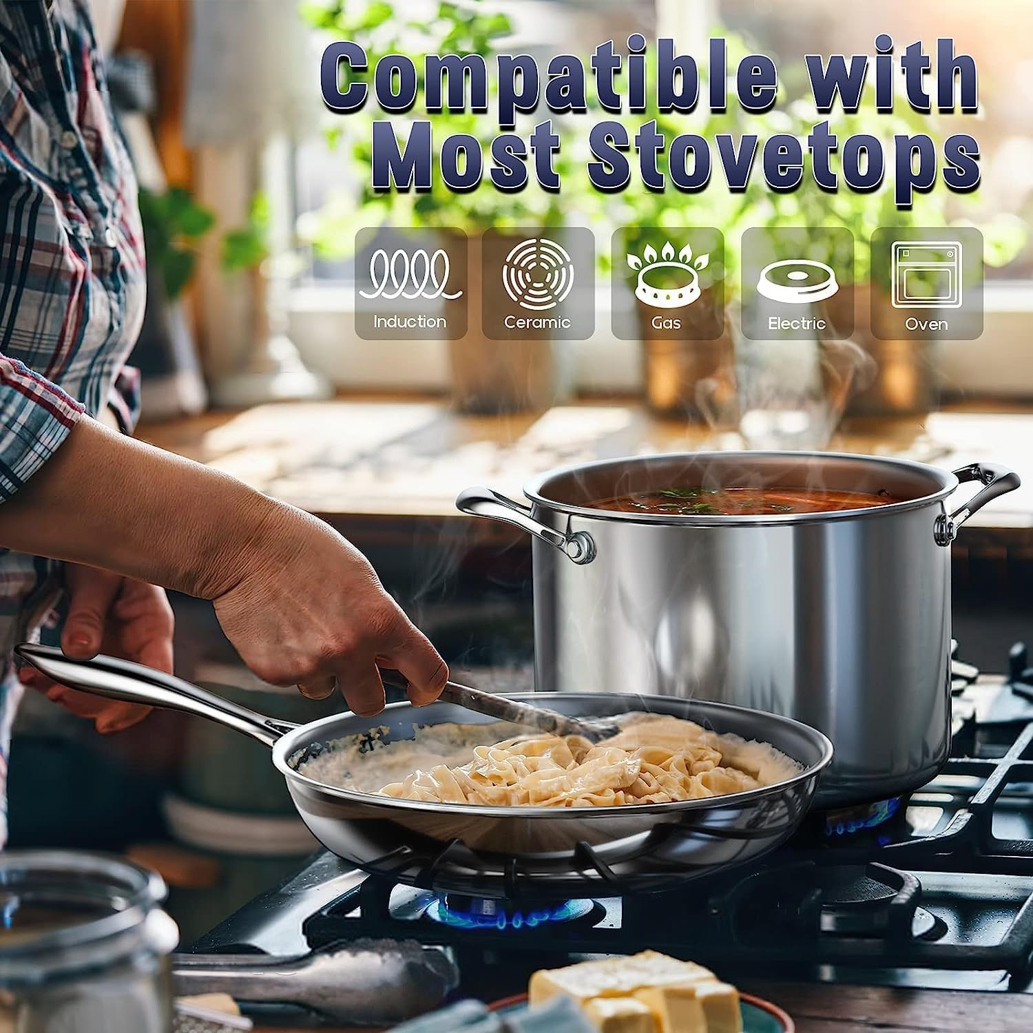 Multi-ply Clad Stainless Steel Cookware Set, Includes Saucepans, Steamer, Sto…