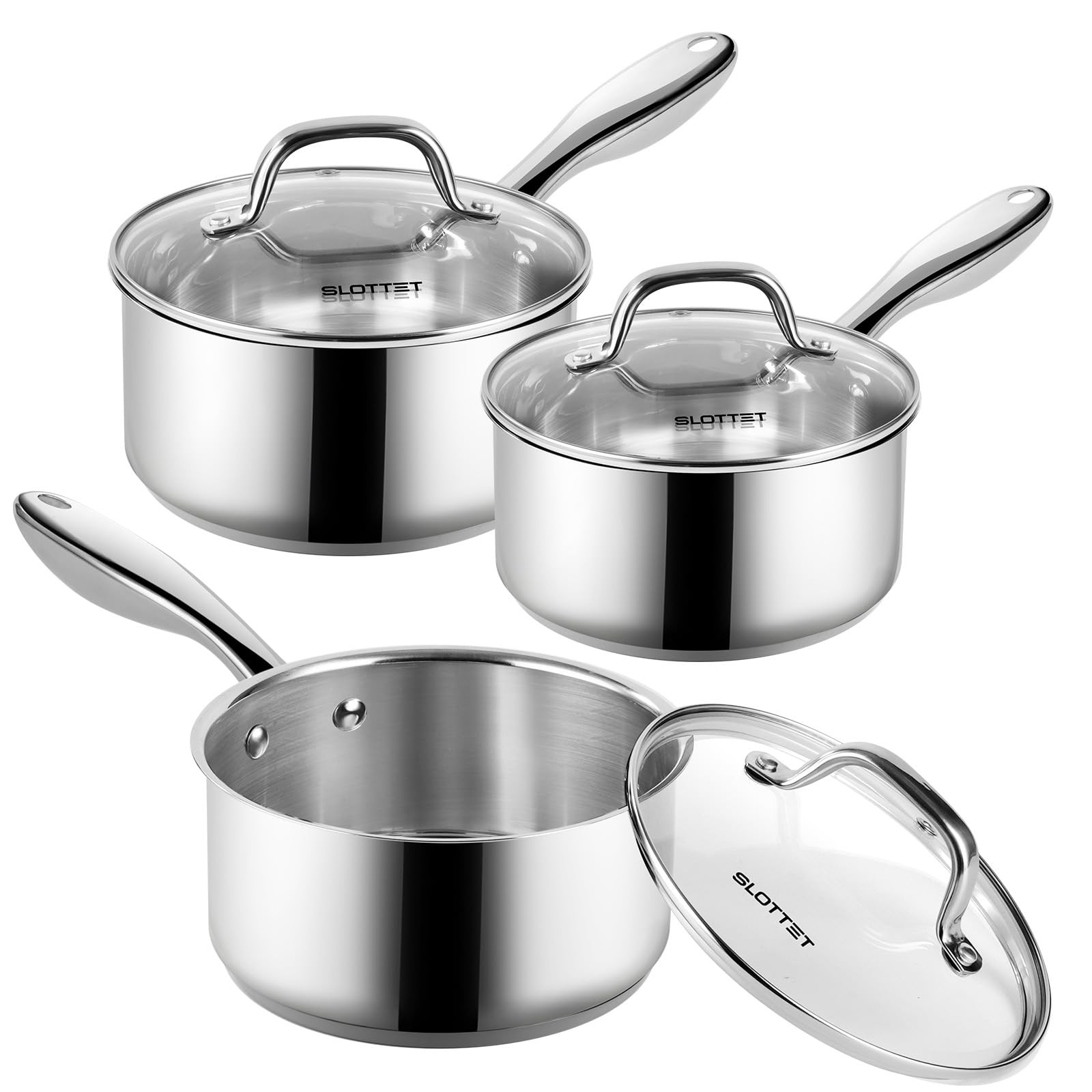 1Qt & 2Qt & 3QT Stainless Steel Sauce Pan Set with Lid,6 Pcs Non Stick Saucepan,