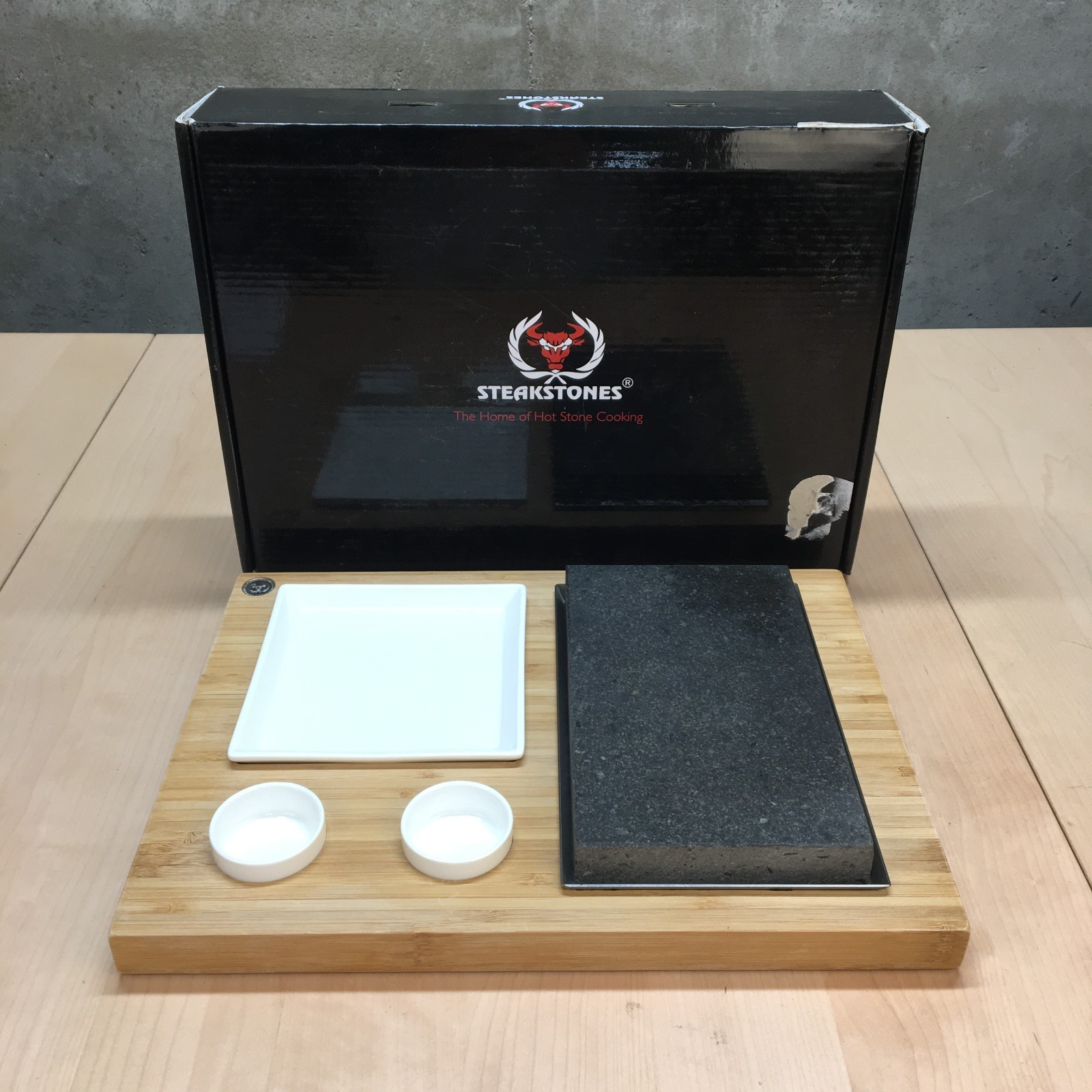 Steakstones Hot Stone Cooking Set Stone Sauce Dishes Bamboo Board Complete