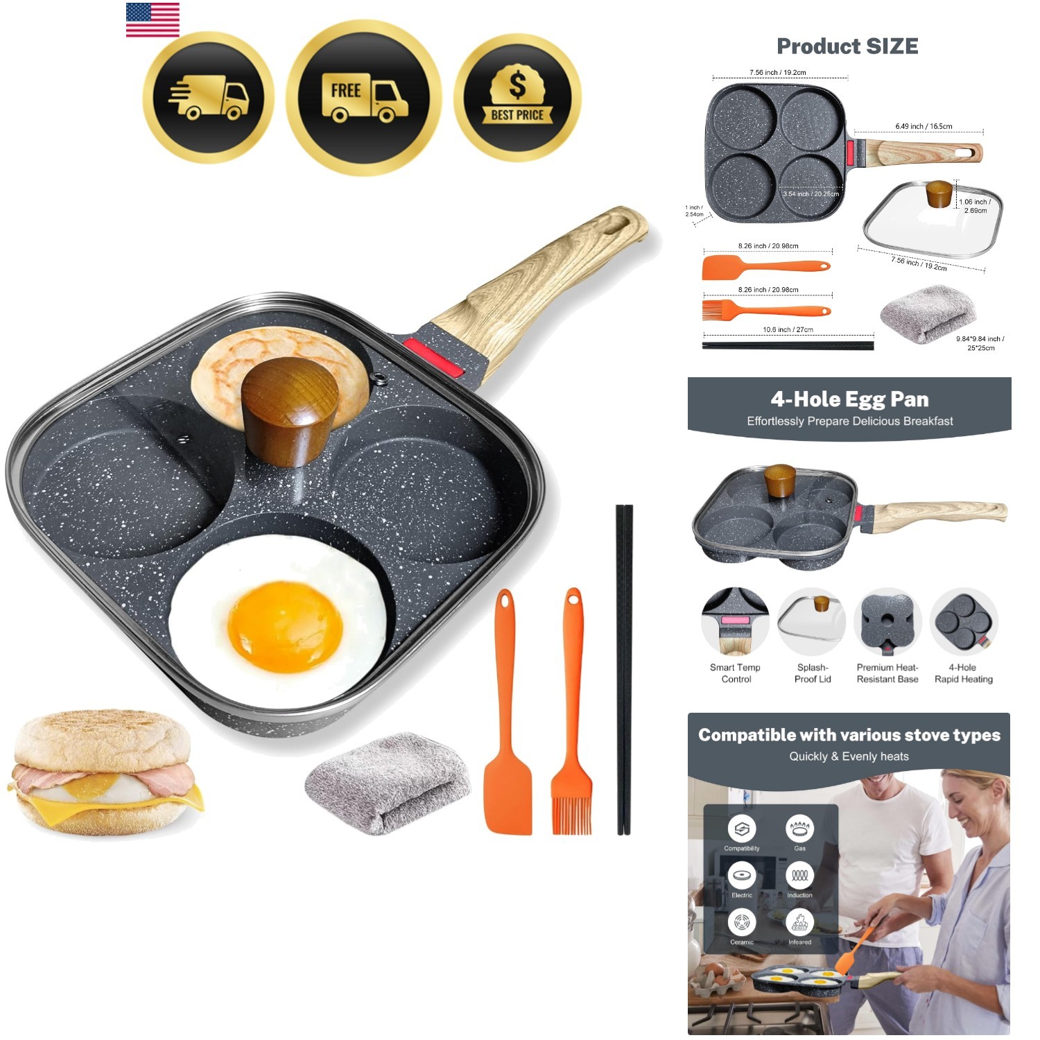 4‑Cup Nonstick Egg Pan Set with Lid – Aluminum Omelette Skillet for Breakfast…