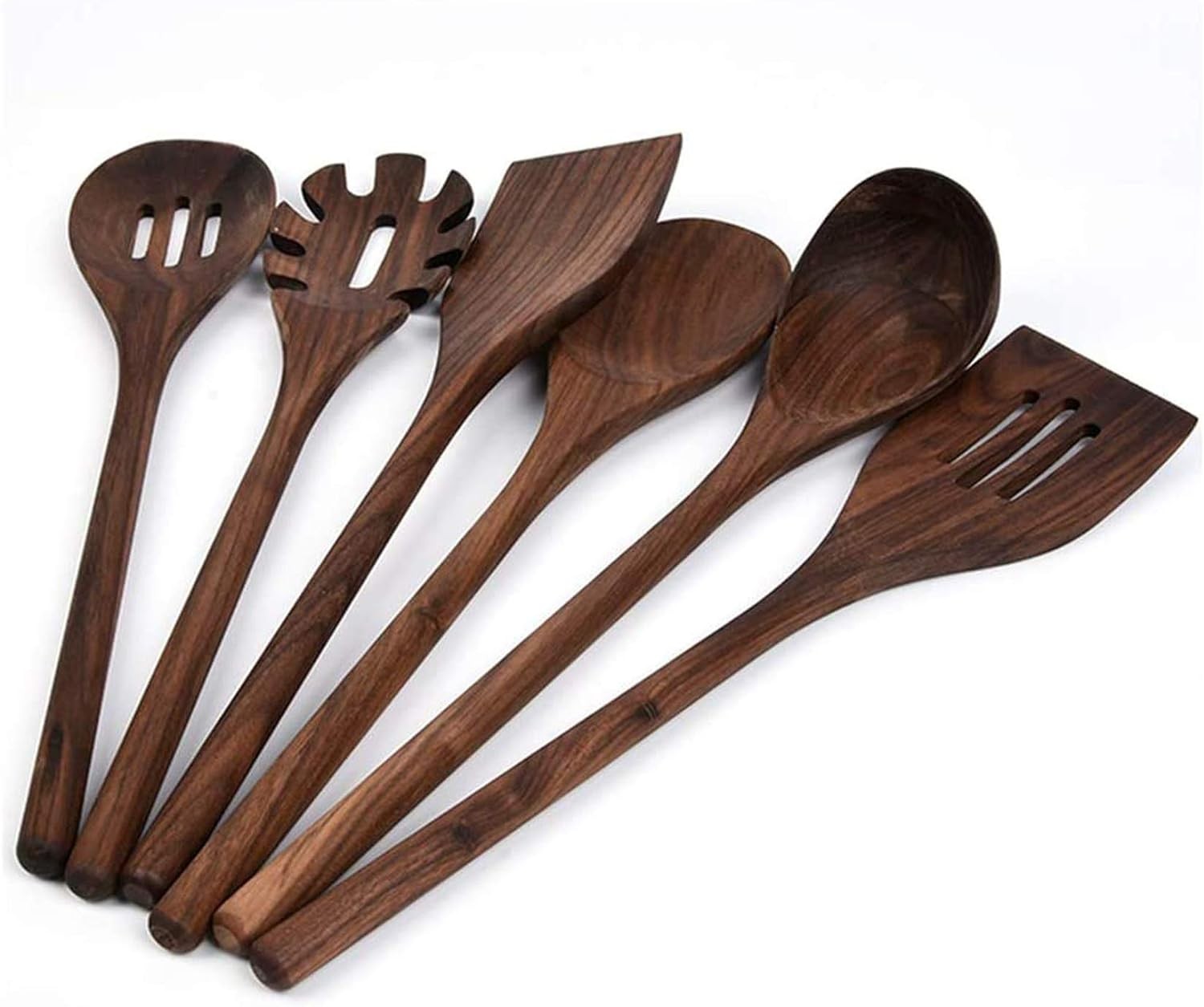 6 PCS Wooden Kitchen Utensils Set, Black Walnut Wood Long Handle Spoons and