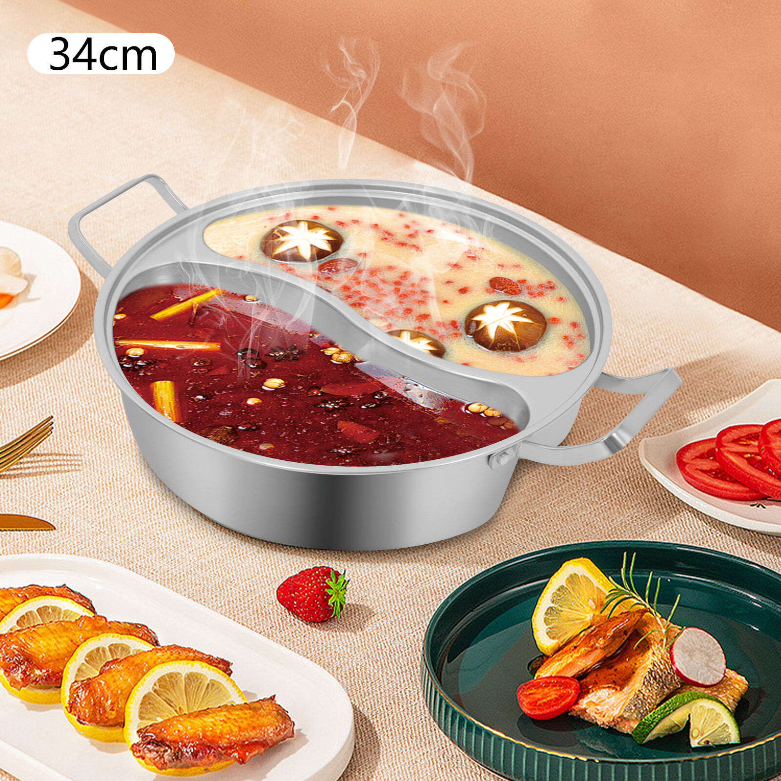 2-Compartment 7L (1.85 Gal) Stainless Steel Hot Pot with Divider & Glass Lid