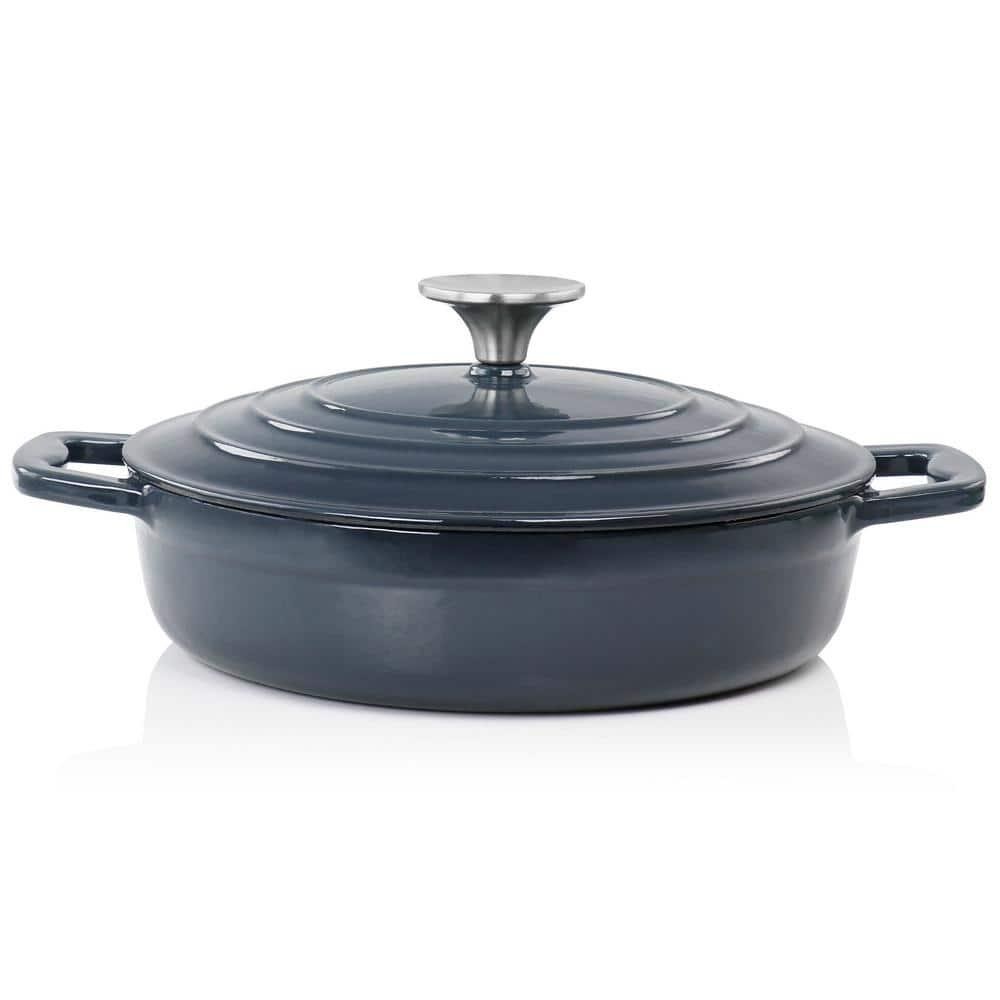 MegaChef Braiser Pan 2 qt Round Enameled Cast Iron Dark Blue Non-Stick Oven Safe