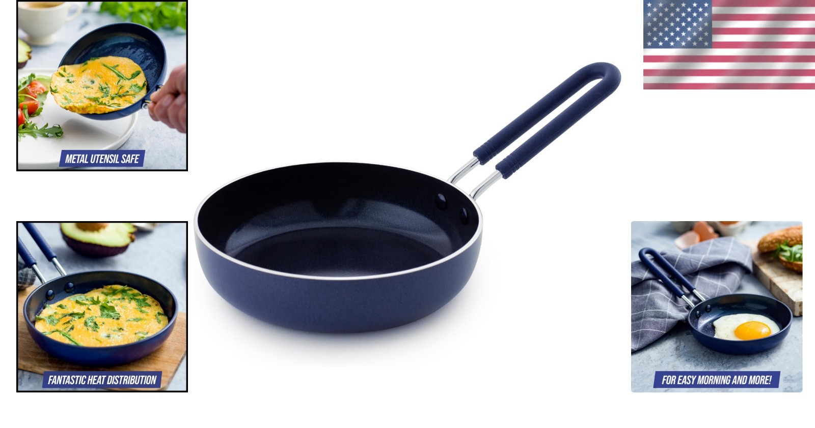 Compact Diamond Nonstick Frying Pan, 0.5 Cup Capacity, Dishwasher Safe, Blue