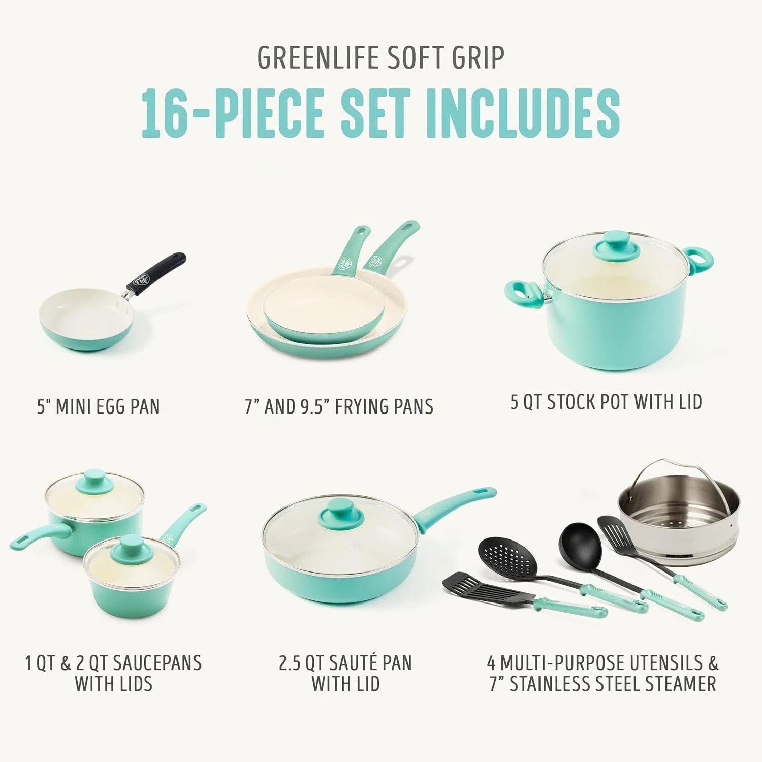 Soft Grip 16-Piece Turquoise Ceramic Cookware Set, Oven & Dishwasher Safe