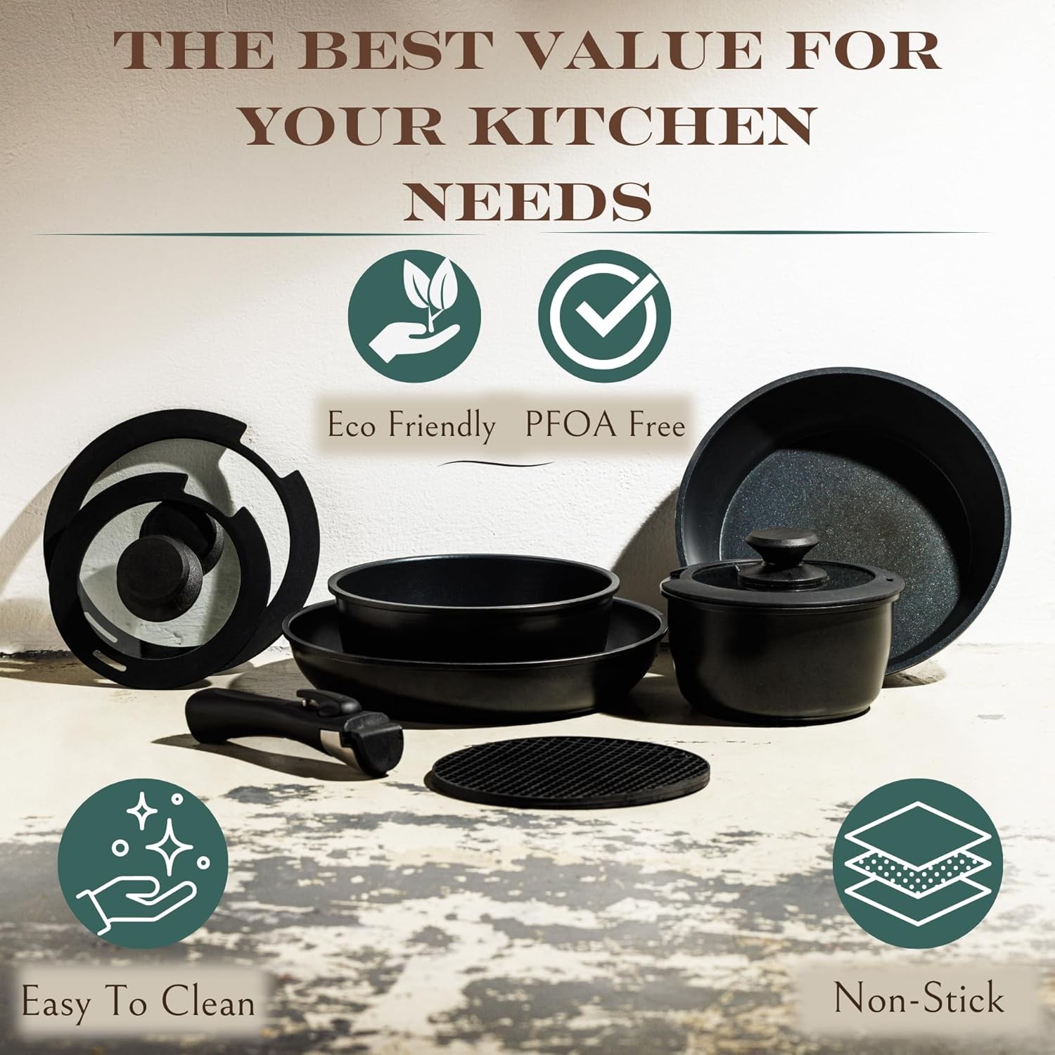 Moss & Stone 10pc Nonstick Cookware Set, Removable Handles, RV/Camping