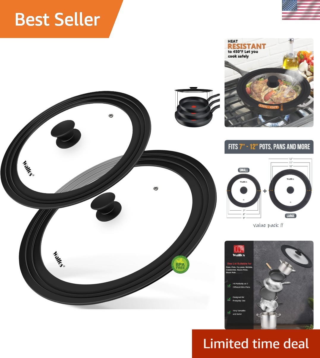 Universal 2-Pack Tempered Glass Lids with Silicone Rim for 7″ to 12″ Cookware