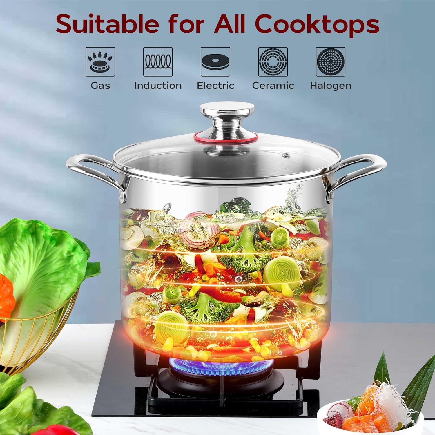 12QT Large Stainless Steel Stock Pot with Lid, Tri-ply Cooking Soup Stockpot