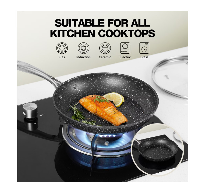 8in Nonstick Frying Pan with Lid Black Marble Stone Coating Oven Safe