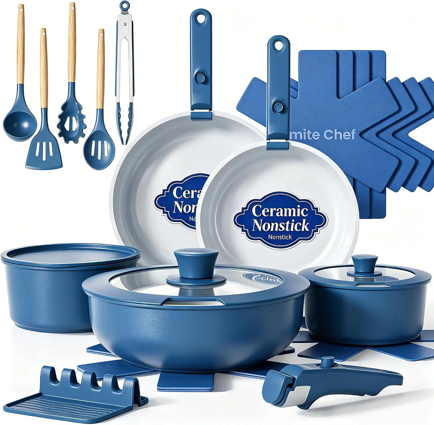 Chef Pots and Pans Set Non Stick, 21 pcs Ceramic Cookware Set with Detacha
