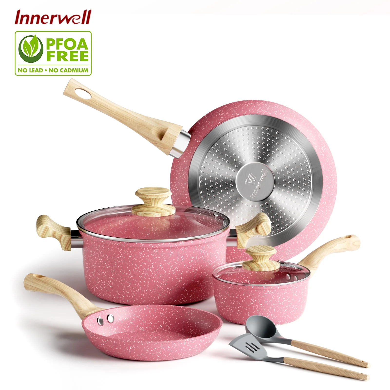 8 Pcs Pink Nonstick Cookware Set Granite Stone Kitchen Frying Pan Set Cookware w