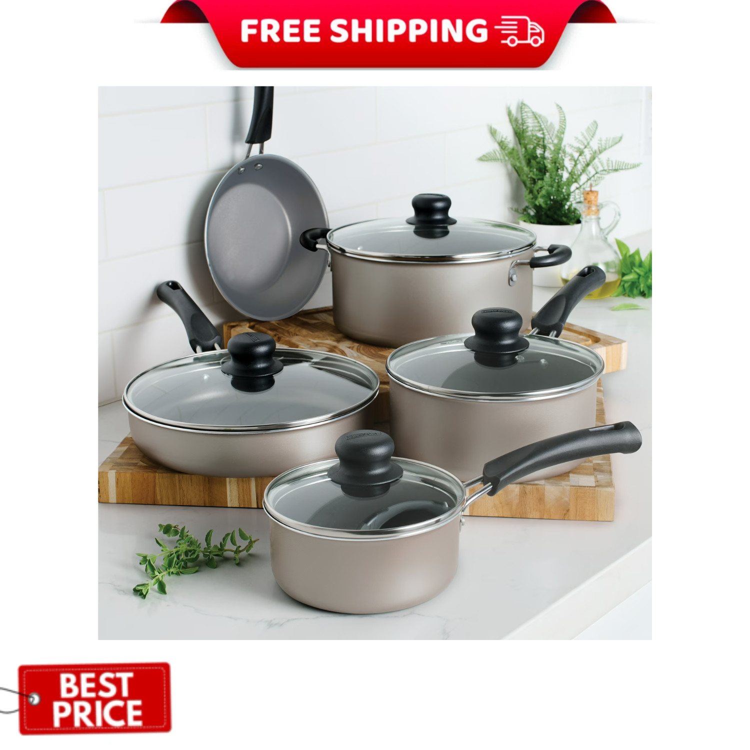 Tramontina 9 Piece Ceramic Nonstick Cookware Set Pots and Pans Champagne