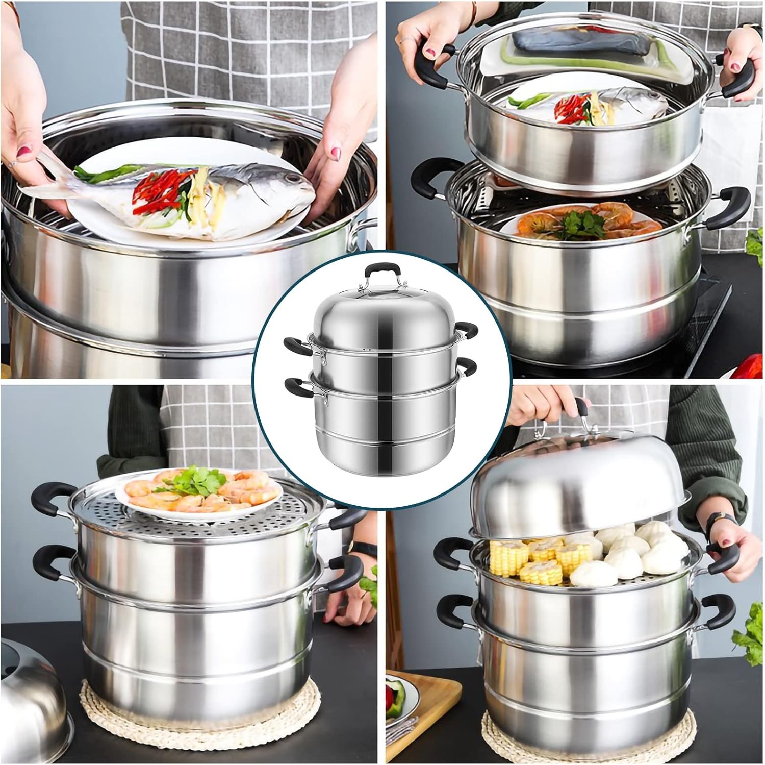3-Tier Steamer Pot for Cooking Stainless Steel Steam Pot with Lid 12.6Inch