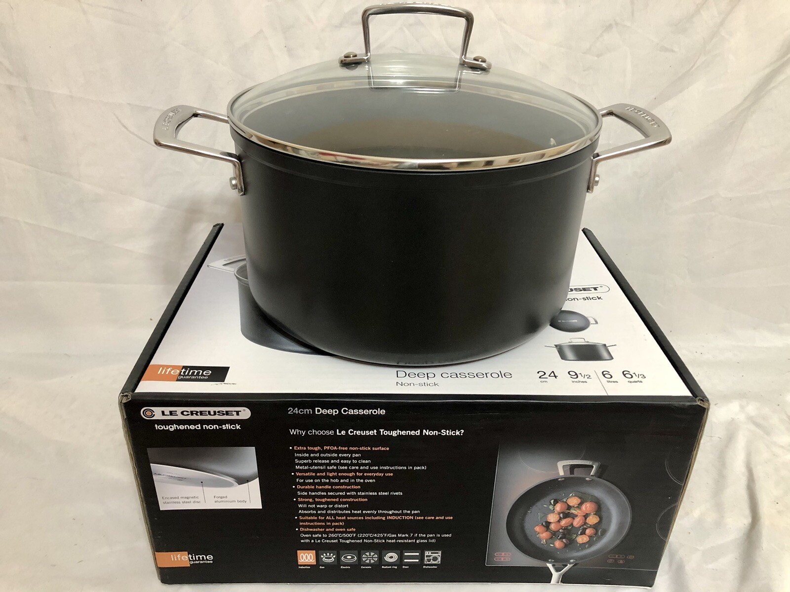 Le Creuset Deep Casserole Toughened Non-Stick (Hard Anodized) 6.3Qt With Lid NEW