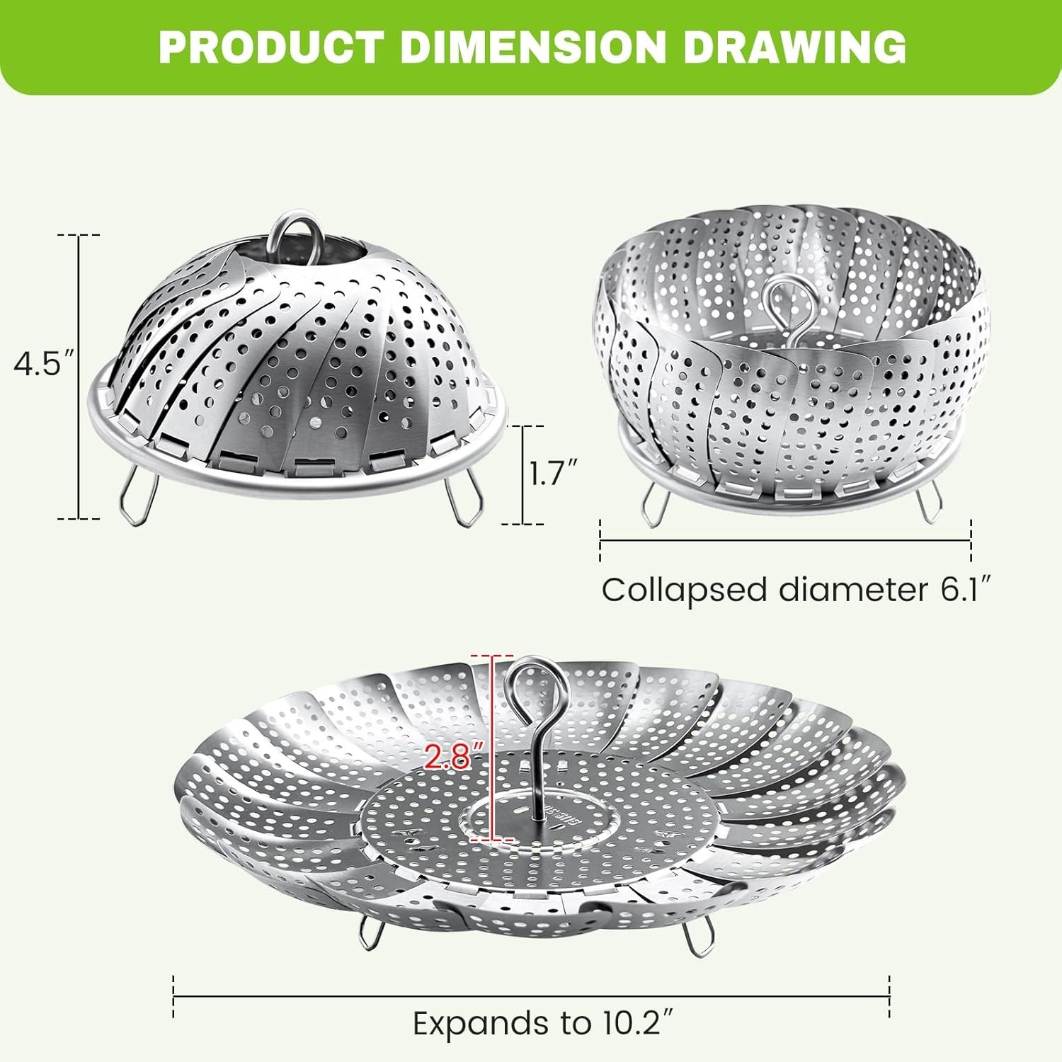 Space-Saving Steamer Basket: Durable & Stylish for Cooking Lovers, 6.1″ to 10.2″