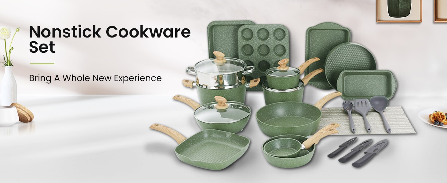 Green Pots and Pans Set Non Stick, 30 Piece Induction Kitchen Cookware Sets for