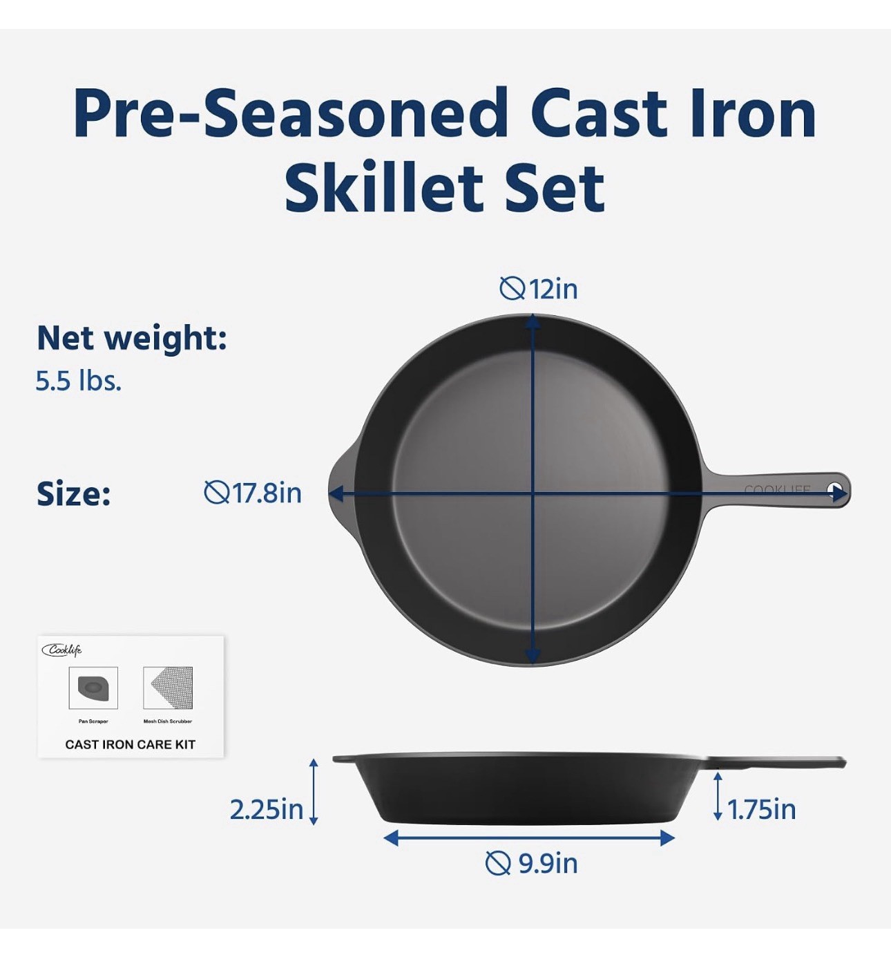 COOKLIFE 12 Inch Lightweight Pre-Seasoned Cast Iron Skillets, W/Spoon, BRAND NEW