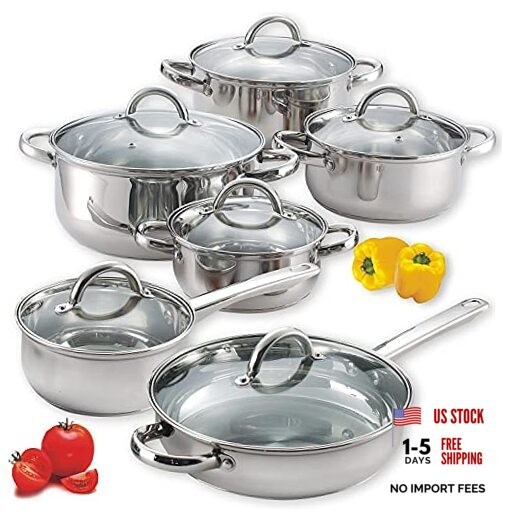 Kitchen Cookware Sets, 12-Piece Basic 12 Pieces Stainless Steel Silver Handle