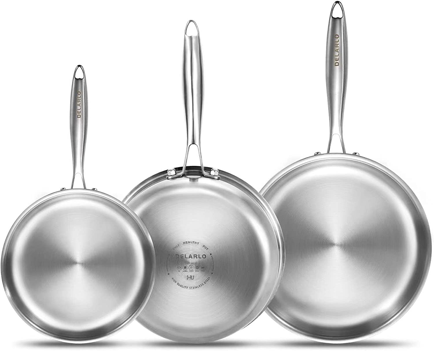 Whole Body Tri-Ply Stainless Steel Frying Pan Set, 8”/10”/12” Cooking Pans, Kitc