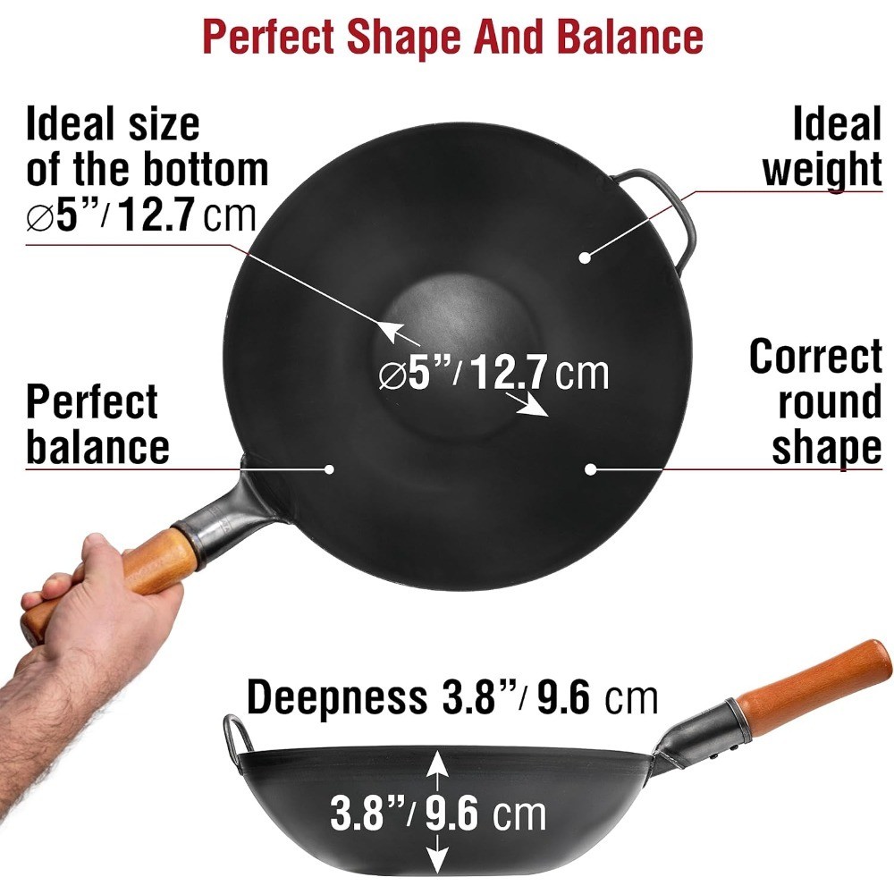 Pre-Seasoned Carbon Steel Wok Pan Flat Bottom Japanese Chinese Cookware for Stir