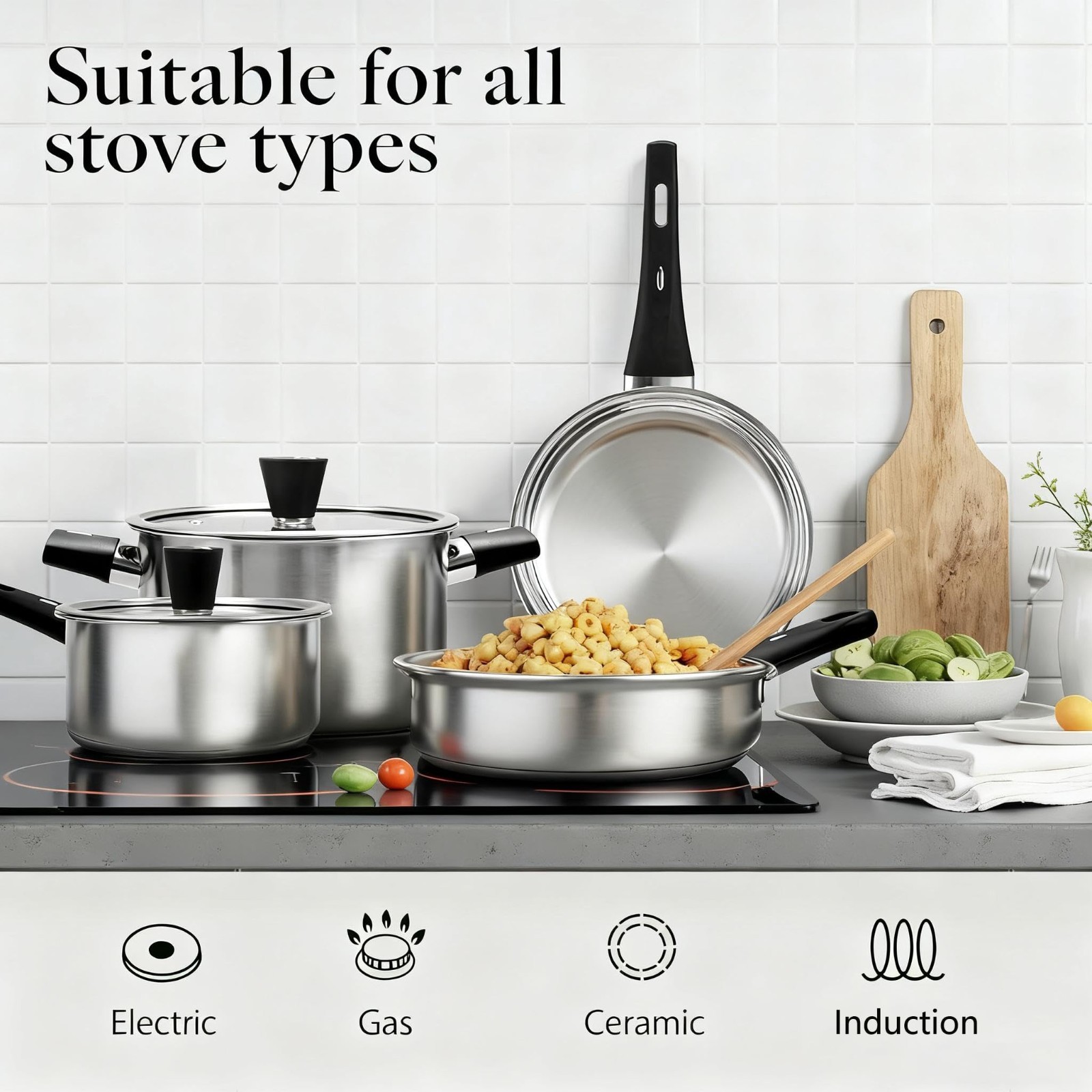 14-Piece Stainless Steel Cookware Set, Non-Toxic Pots & Pans, Dishwasher Safe, S
