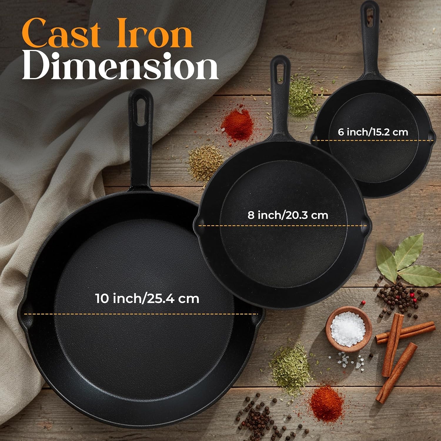 3 Piece 6 8 & 10 in Kitchen Cast Iron Skillets Pre Seasoned Stove Grill Black