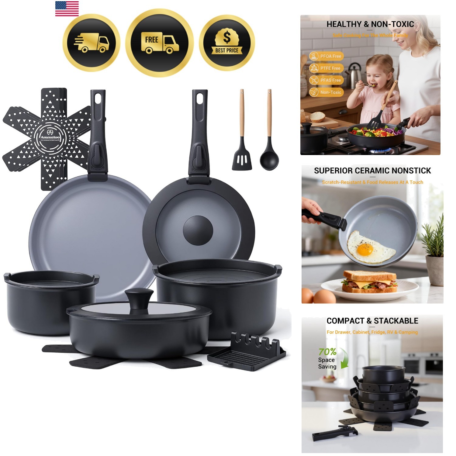 18-Piece Ceramic Pots and Pans Set Non Stick, Non Toxic Cookware Set with Rem…
