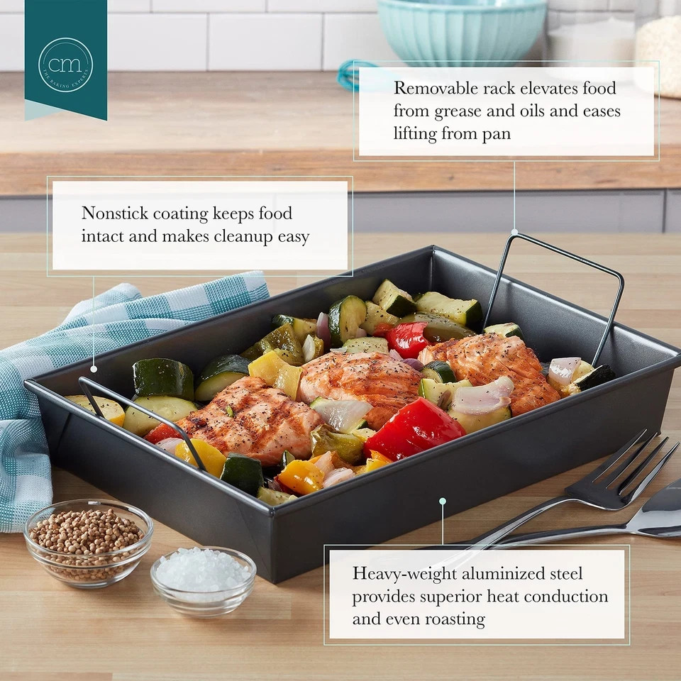 13×9 inch Professional Roast Pan with Non-Stick Rack Grey Carbon Steel