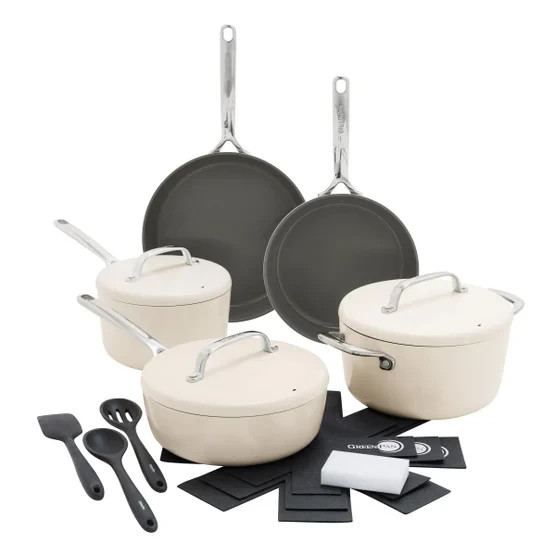 GREENPAN GP5 11 PIECE CREAM HARD ANODIZED CERAMIC COOKWARE SET 3 PAN PROTECTORS